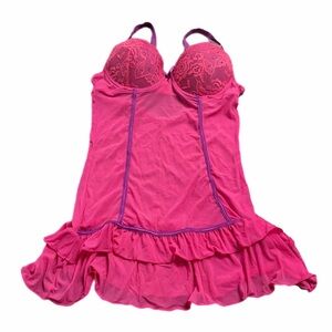 90s Y2K European Vintage Mesh & Lace Babydoll Teddy Slip Dress (Pink/Purple) L